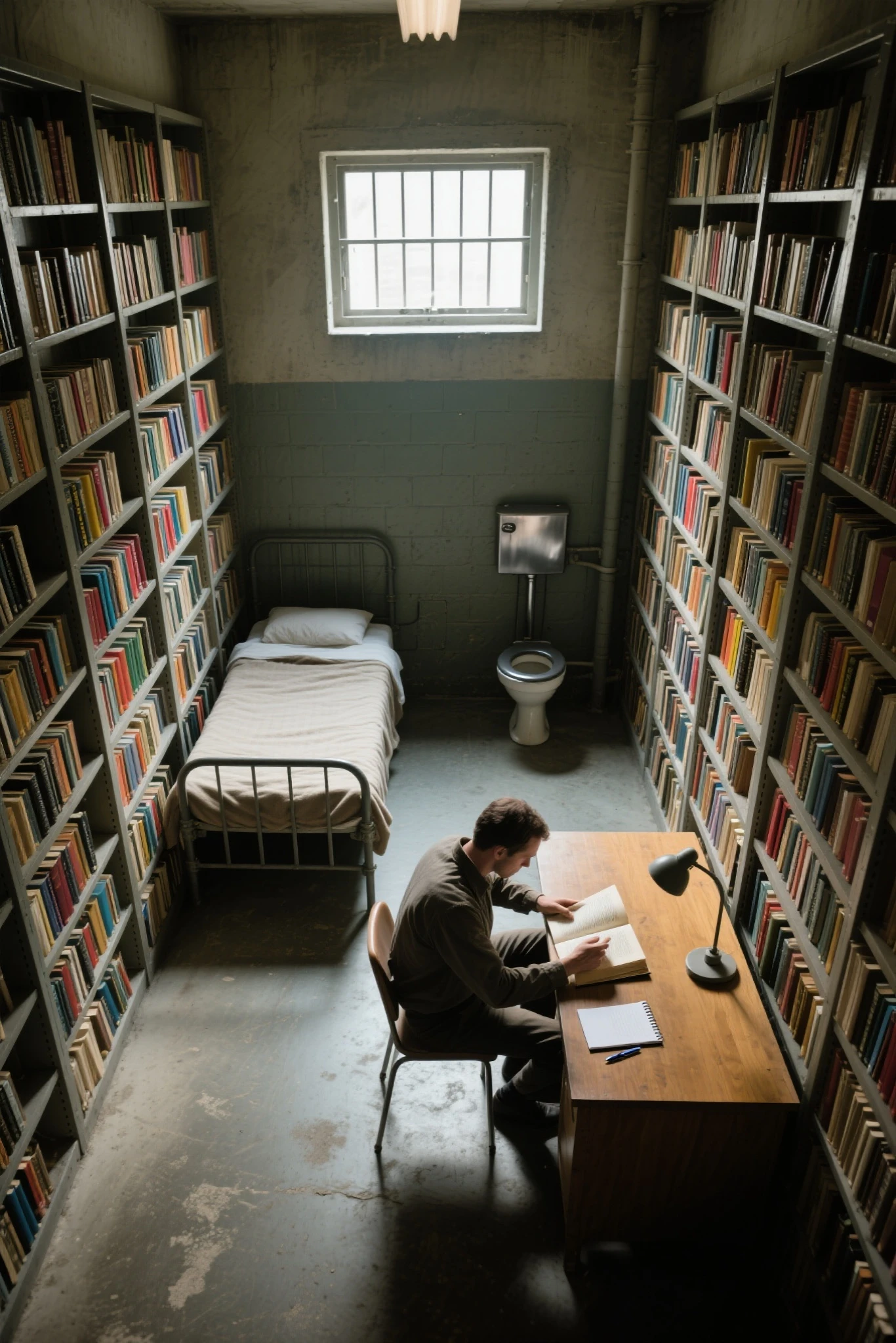 cinematic overhead shot, a prison-like room viewed from above, all four walls entirely covered with tall, overflowing bookshelves filled with colorful and diverse books in every size and genre, a single small window letting in faint natural light, casting soft illumination, a narrow metal bed with a simple blanket, a stainless steel toilet in one corner, a wooden desk placed near the window, a solitary man seated at the desk, reading a book intently with a notebook and pen beside him, dim ambient lighting with dramatic shadows, dusty concrete floor, 35mm film grain texture, introspective and quiet atmosphere, the scholar's retreat
