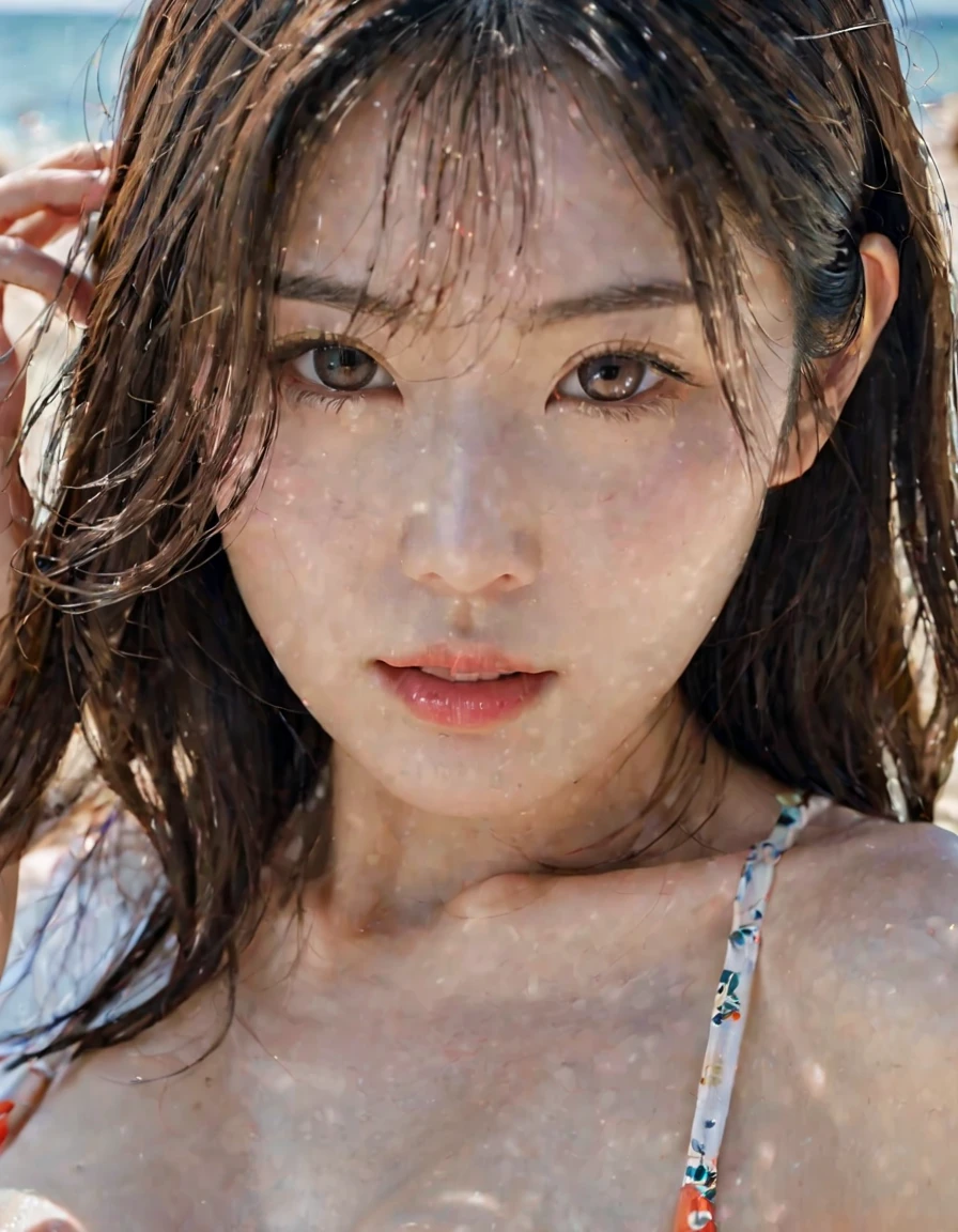Uruchan-6500-v1.1, (RAW Photos:1.2), (Photorealistic), Beautiful detailed girl, Very detailed目と顔, Beautiful and beautiful eyes, Large file size, High resolution, Very detailed, Highest quality, [masterpiece:1.6], Awareness-raising, Very detailed, CG, finely, Highest quality, 8k wallpaper, Cinema Lighting, 1 Girl, 17 years old, Perfect figure, Large and firm breasts、【Huge 、Heavy chest】、Cute droopy eyes、Beautiful big eyes、Sweaty and wet、【sexual excitement:1.6】、(My whole body is wet:1.2)、There&#39;The light in my eyes、short hair、high school girl、(Japanese School Swimsuit、Navy blue one-piece swimsuit、Navy blue Japanese student swimsuit:1.3)、Pool、Dynamic pose、Huge Rim Figure