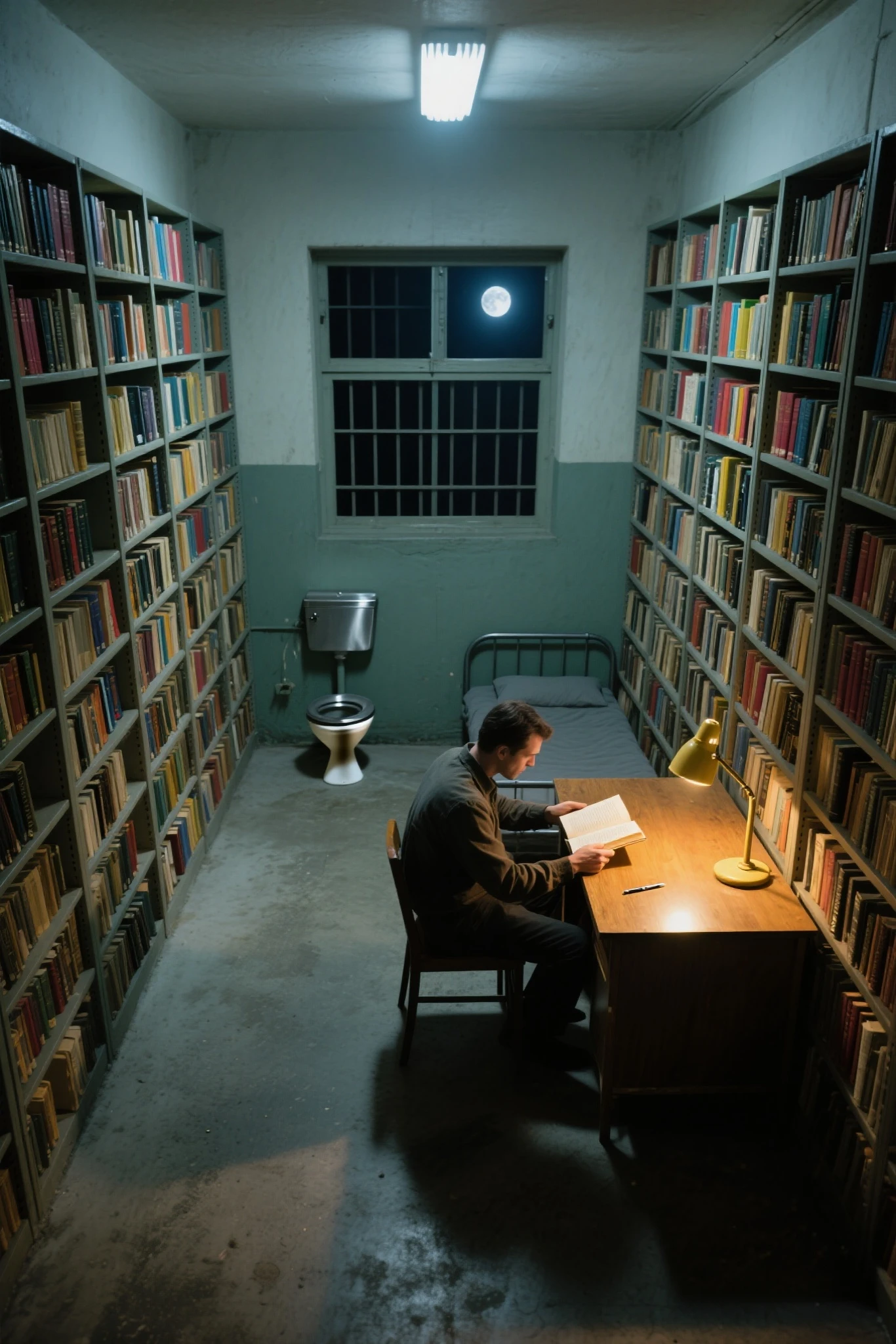 cinematic overhead shot, a prison-like room viewed from above, all four walls entirely covered with tall, overflowing bookshelves filled with colorful and diverse books in every size and genre, a single small window letting in faint natural light, casting soft illumination, a narrow metal bed with a simple blanket, a stainless steel toilet in one corner, a wooden desk placed near the window, a solitary man seated at the desk, reading a book intently with a notebook and pen beside him, dim ambient lighting with dramatic shadows, dusty concrete floor, 35mm film grain texture, introspective and quiet atmosphere, the scholar's retreat