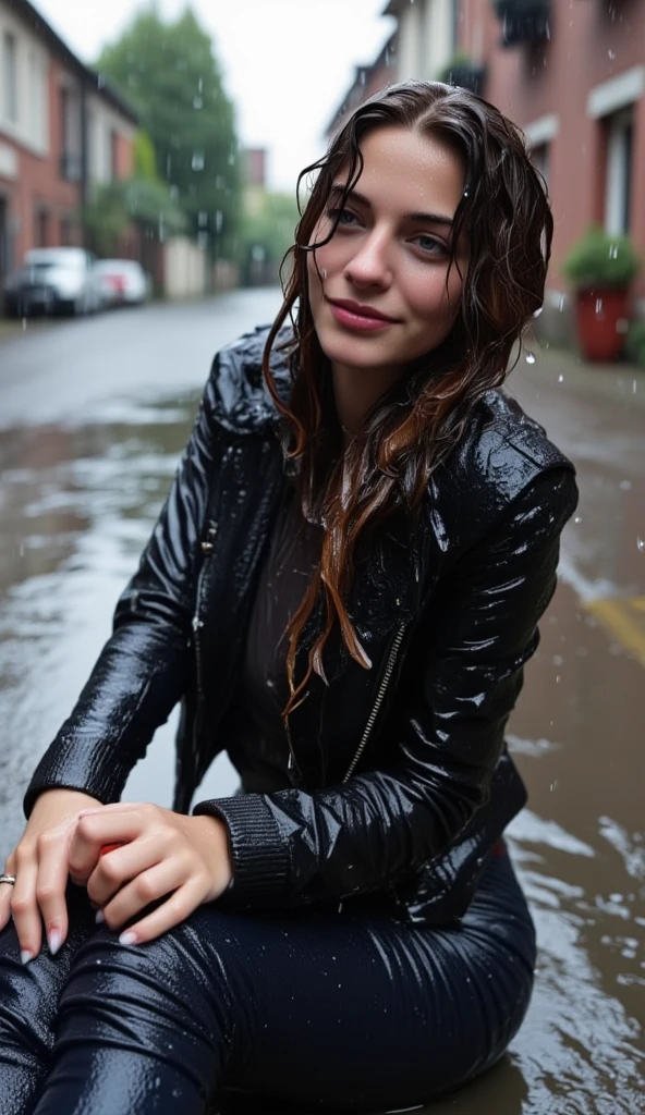 <lora:eva_elfie:0.8>, a photo chest portrait 18yo slim female leather jacket on street raining, wet hair, detailed face look at camera, smirk, (smile:0.5), raw, intricate, high quality, 8K, (natural skin texture, hyperrealism, soft light, sharp:1.2)