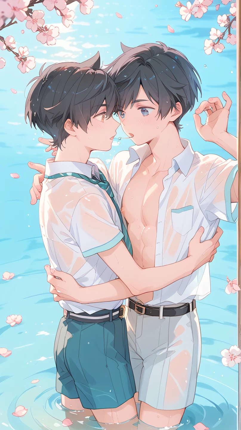 Two boys、Embrace each other、15-year-old boy, Upper body naked, White briefs ,Smooth Skin,lake,  Black Hair,   Thin、Beautiful Boy、Japanese、Dark Eyes