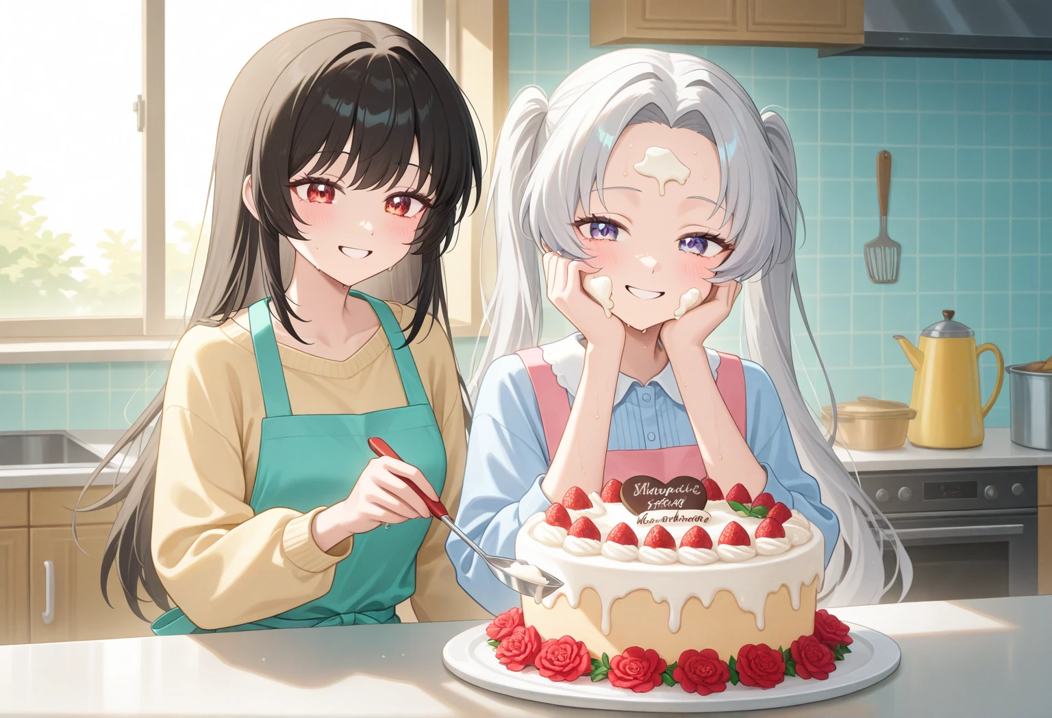 highest quality、High resolution、Detailed Background、(Beautiful face in every detail:1.4)、Anatomically correct、(Detailed facial expressions)、(Detailed eyes:1.2)、(Detailed eyes:1.2)、 beauty、(Three Women)、(Highly detailed face:1.4)、cute hair color、Braided bob cut、Braided Ponytail、cute hairstyle、well-groomed eyebrows、Happy expression、A big smile、laughing、smile、A fun atmosphere、Cowboy Shot、Show upper body、
(Two girls are eating cake in a cute cafe:1.5)、
Ruffled or lace blouses、Bowtie camisole、flare skirt、Ribbon and flower motif hair accessories、
Choose sweet colors and designs、A neat and cute atmosphere、cute