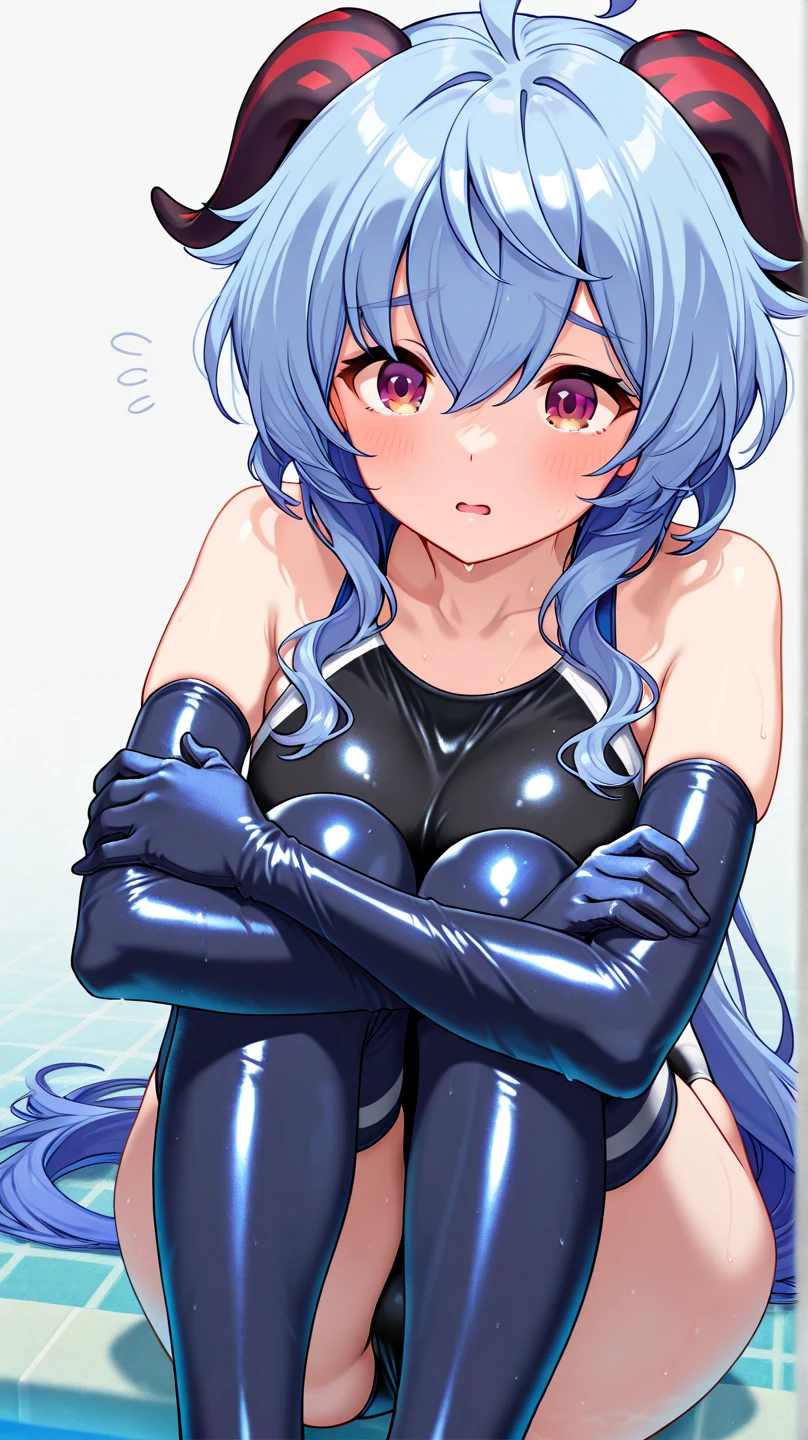 Competitive Swimsuit、Background night dark room、Sex with a man、SEX on the floor、Penis and vagina intertwined、Front image、missionary position
