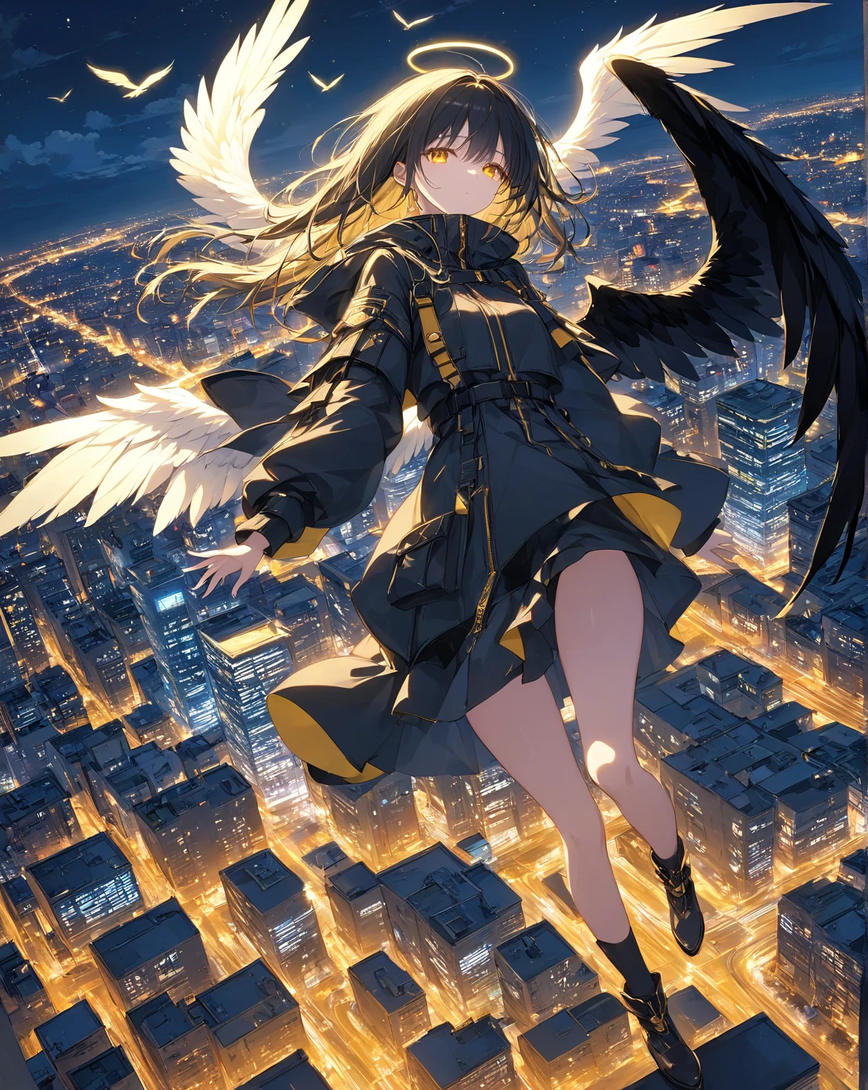 giantess, Running woman, Giant high school girl bigger than a skyscraper, huge tit, very small metropolis, Full body depiction, black pantyhose, pantyhose foot, tiny city, micro city, Labcoat and yellow sweater, Navy blue tie, Red Eyes, Adult women, Long legs, AgnesTachyon_umamusume,shoes