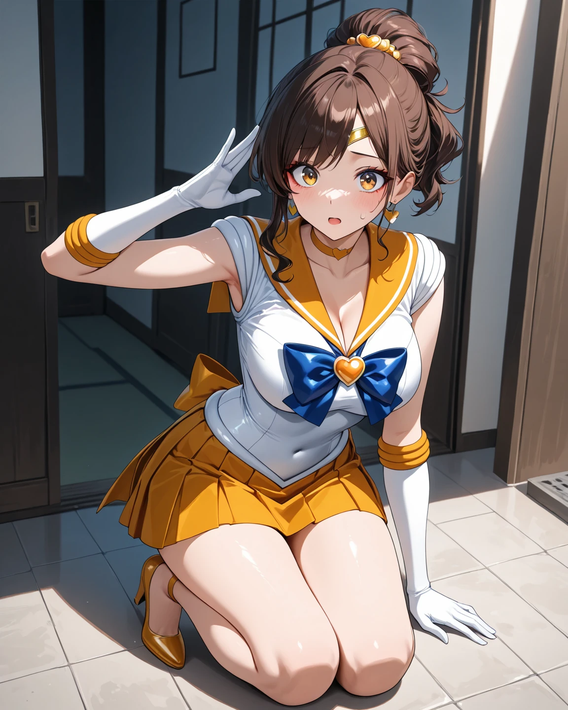 (highest quality, masterpiece:), ultra-high resolution, night, in the pool bar, Korean photo model, young and beautiful gravure idol, 23 years old, tight, wearing an orange color and white color of Sailor Moon Outfit, squatting, spread legs, mini skirt, white panties, high leg, gigantic breasts, large areola, puffy nipple:1.4, skinny, bangs, long hair, light brown hair, forehead, unkempt hair, gorgeous earrings, beauty, victory smile, mature woman, please face forward and look at the camera,