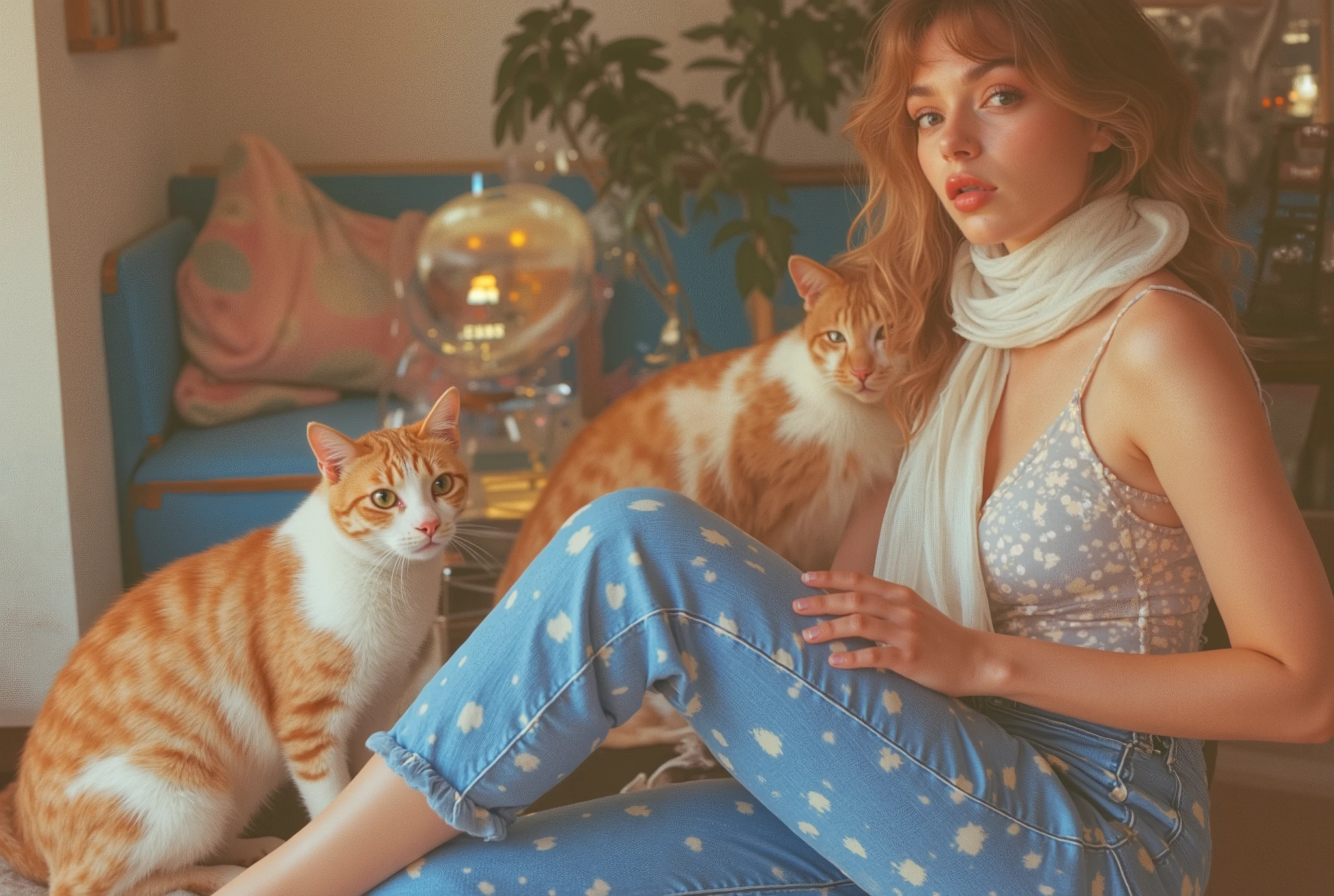 Painting abstract of A woman sitting on the caffee wearing polkadot blue gown and mini jeans , have a cotton syal wraping on her neck , in this caffe with 3 cat happy vibes . Background is interior old caffe