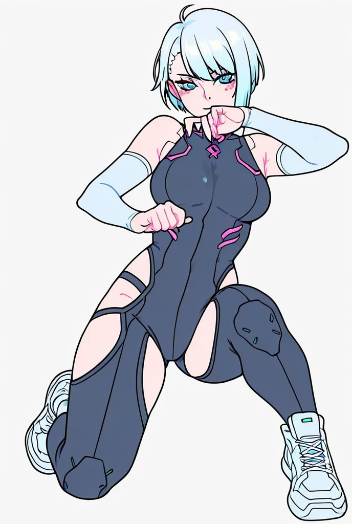 snfw,(highest quality:1.2),1 girl,alone,Are standing_Split,AYANAMI REI,(white leotard:1.2)、short hair,blue hair,bangs,interface headset,hair between eyes,pixelated background,neon light,SF color scheme,Bright colors,metallic texture,detailed shading,Holographic interface,dark atmosphere,high contrast,sharp focus,twig of hair,Reflective surface,exquisite details,High resolution,studio lighting,Red accents,Illuminated environment,artificial intelligence assistant、camel toe