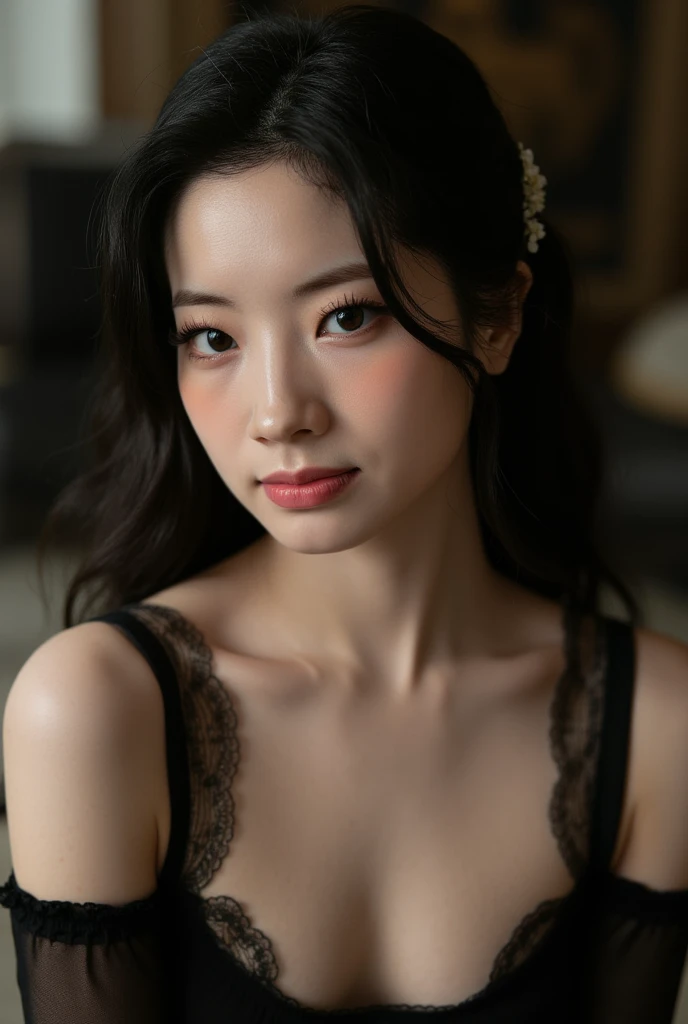 black hair color, short hairstyle, black eyeliner, brown eye color, nose piercing, black lace underwear, black color lace embroidered and detailed garter, thick sexy leg, big breast, sexy face, 8k detail, ultra high definition, 8k, hyper realistic, makeup perfect, ultra detailed scenery, beautiful asian girl, asian, gothic style, black lipstick, gothic girl, full body