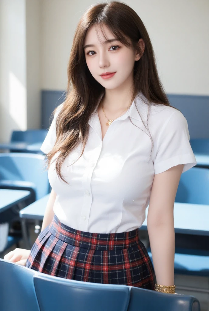 (8k), (highest quality: 1.2), (Realistic), (Realistic: 1.37), Ultra-high resolution, 1 girl, cute, Embarrassed smile, Mouth closed, (Thick lips),(Red Lip),Beautiful details, Beautiful Nose, whole body, Wet Hair, Giant Dulcefo, pork, , Oily thighs,Selfie,,White short-sleeved shirt,(Navy Pleated Skirt),School,(Red cheeks:1.2),