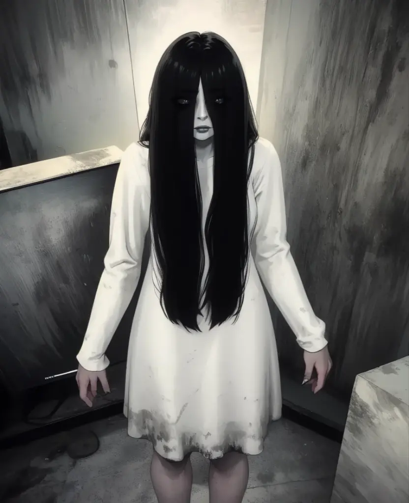 Sadako,  long black hair, facing viewer,  pale skin, hair over eyes,
White dress, long sleeves ,dirty clothes,     
solo, standing,  short, ねんどろいど、かわいい、
dark room, large TVs,    
(insanely detailed, beautiful detailed face, masterpiece, best quality)  
