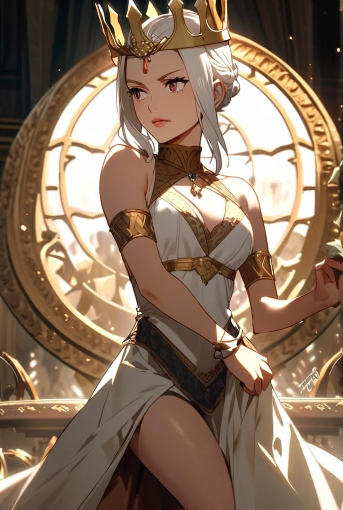 1 beautiful woman, tanned skin, short silver hair, ((golden eyes, detailed eyes:1.2)), medium breasts, wearing translucent white toga, sleeveless, sideboob, elegant, sensual, (masterpiece, top quality, best quality, official art, beautiful and aesthetic:1.2), extreme detailed, colorful, highest detailed, unreal engine 5, 8k
