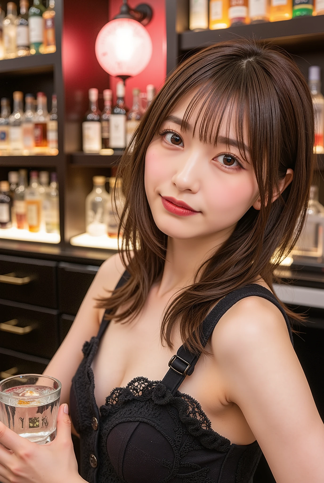 (Female bartender serving beautiful cocktails at dimly lit bar counter,),((Sexy Lingerie))、Japan Idol Girl、A smile、(Reddish brown straight bob cut hair、hair pin)、huge-breasted、(((Pour the ice cubes into a shiny glass container,、Enjoy a colorful blue cocktail inspired by summer,))),Beautiful fingers,Beautiful fingertips,gazing at viewer、