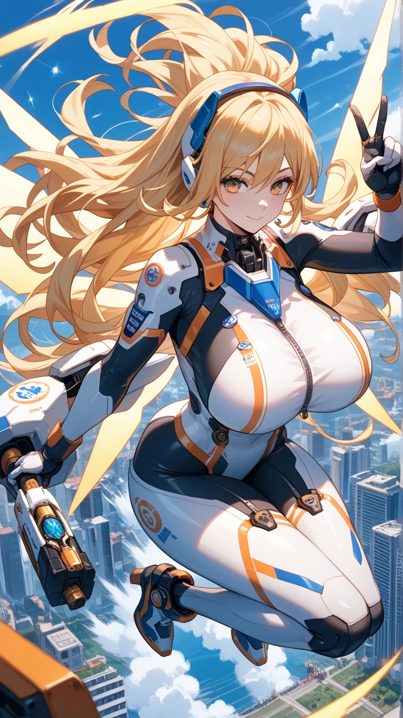 4K,High resolution,one woman,cream hair,long hair,blue eyes,big breasts,Valkyrie,blue tight cyber suit,hat with feathers,cyber headgear,Japanese sword,city of the future