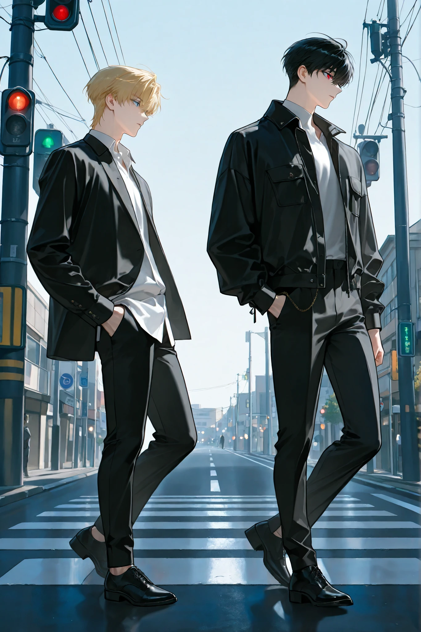 4k , 8k , (1 men, blonde hair, short hair, light blue eyes, wearing Casual wear, Cross the road to the right, follow behind men black hair, side view, ผู้ใหญ่ ,หล่อ, ชายอายุ 25 ปี, manhwa)
(1 men, black hair, short hair, red eyes, wearing Casual wear, Cross the road In front of men blonde hair, side view , head Turn to left to see a blonde hair men behind, ผู้ใหญ่ ,หล่อ, ชายอายุ 25 ปี, manhwa) , novel , manhwa , handsome man , very details , good focus , hair details , very anime eyes detais , ตรงตามกายวิภาคมนุษย์ ,ร่างกายสมส่วน , The background is a normal road, crosswalk , a traffic light pole, and a clear sky, full body