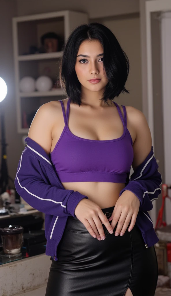 ((an Ultra hot young sensual woman, sitting sensually , unbuttoned half-opened purple cotton camisole , tight mini short side cut skirt, thigh)), inside a night club  ,satisfied expression, detail skin texture ,detail curvy body, high resolution, photography, photorealistic, hyperealistic, full waist up pose , upper knees pose 