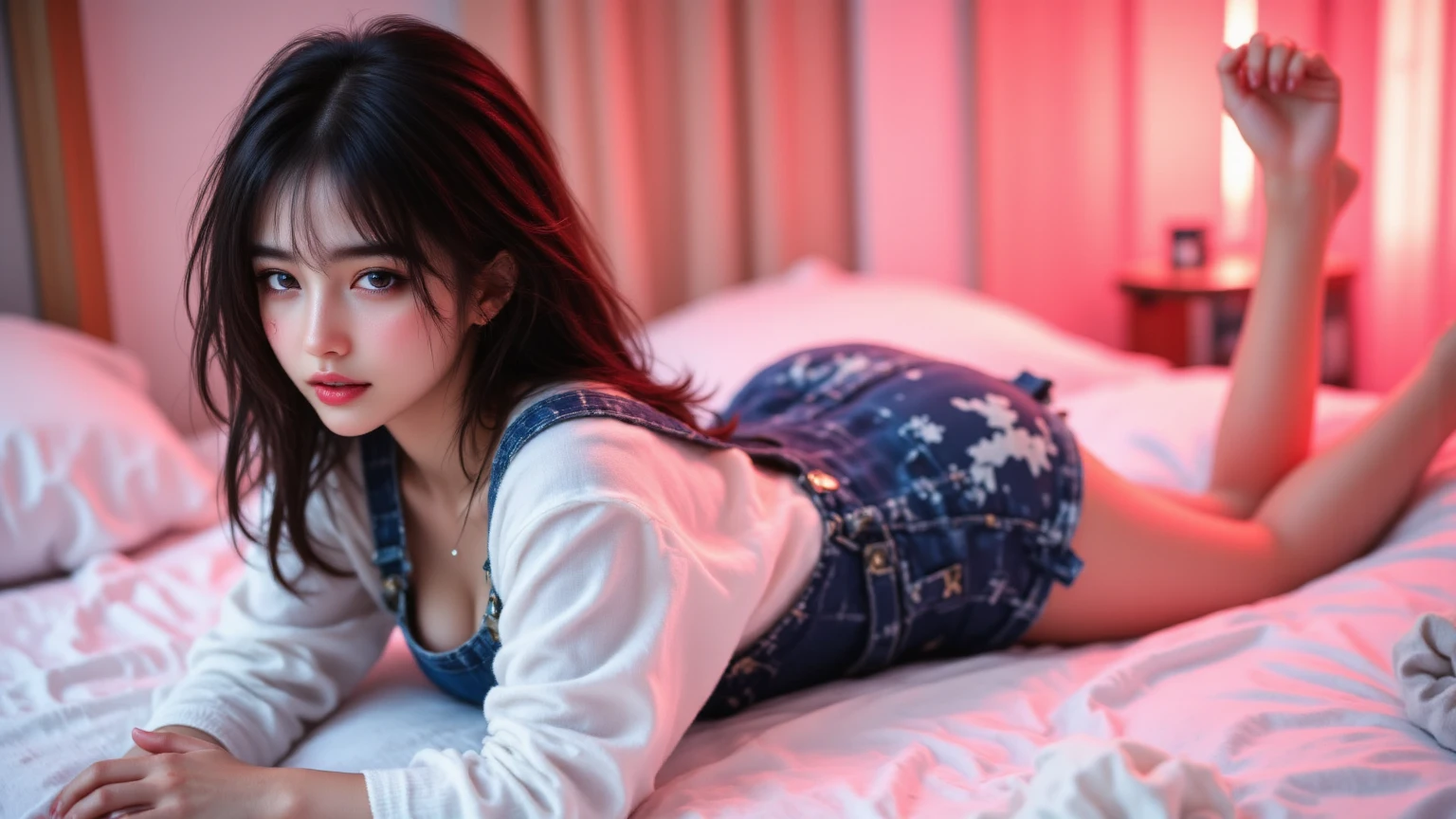 (Highest quality、In 8K、masterpiece))Beautiful Japan, Long legs, Long eyelashes, Sharp focus, Beautiful woman with perfect figure, thin , whole body,belly button,Beautiful feet ,(Pay attention to more than the thighs),((Black-haired、Huge ,Red lipstick,)), (good、tight skinny jeans 、Low rise), (Random sexy poses:1.3), ((Night city view、Room by the window、Lying in bed)), Highly detailed face and skin texture, Beautiful and exquisite, double eyelid、Arms crossed、5Proper hands with fingers、Beautiful Fingers Information