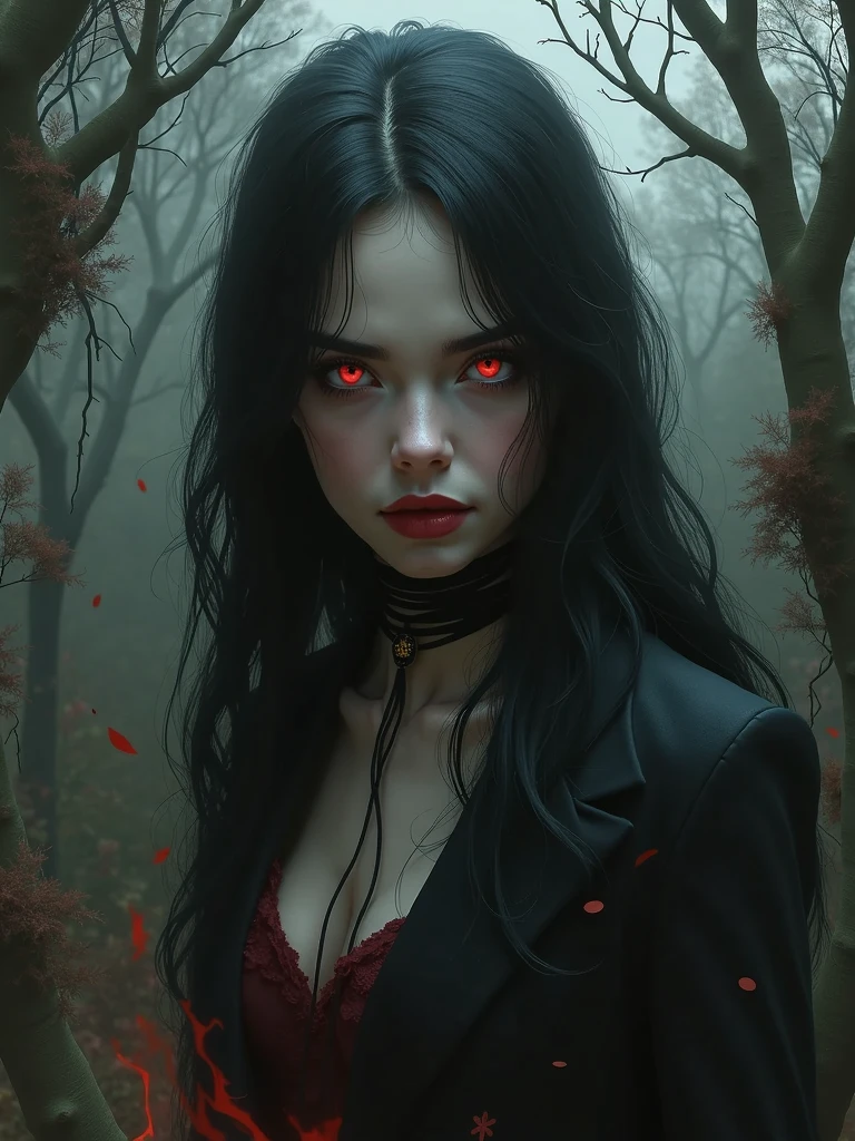 Vampire girl with chocolate brown eyes and long dark brown hair and she doesn't have bangs. She's slightly eerie and against the backdrop of the dark forest. Small eyes and small heart-shaped lips. The girl is covered in blood. It&#39;s in the style of goth and tim bertchen.ukiyo-e, anime style, SHE HAS NO BANGS. Covered in blood and looks terrifying. She's pale and about . Anime style ANIME STYLE. Multifaceted Style of the Girl