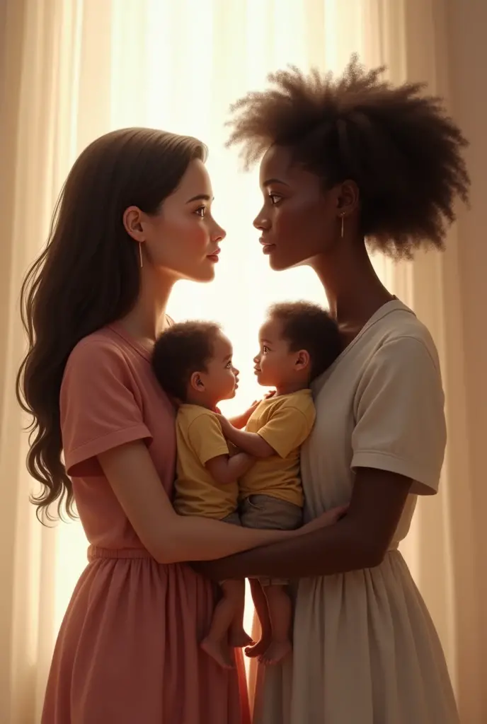 A white mother and a black mother, each holding their children, looking at each other with respect and understanding.
