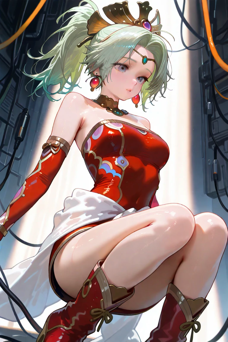 (masterpiece, Highest quality:1.2), Cowboy Shot, alone, one person, Riesz, View your viewers,, Long hair tied low, Winged Helmet,green dress, armor, shoulder armor, Bridal Gauntlet, Cleavage,(In a prison with iron bars:1.4),(The whole body is restrained with chains:1.8),(A girl gropes my breasts from behind:1.6),(2girls:1.6)