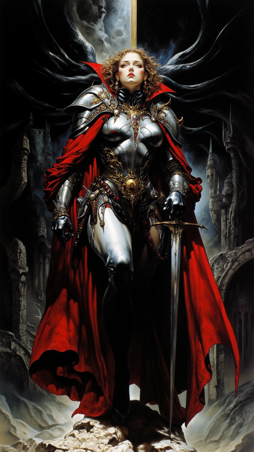 sacred warrior, front, kneeling, full silver armor, helmet with three horns, sword in his right hand and shield in his right hand, red cape fluttering in the wind, in the background a stone statue of a woman in a dress, long hair and open arms .