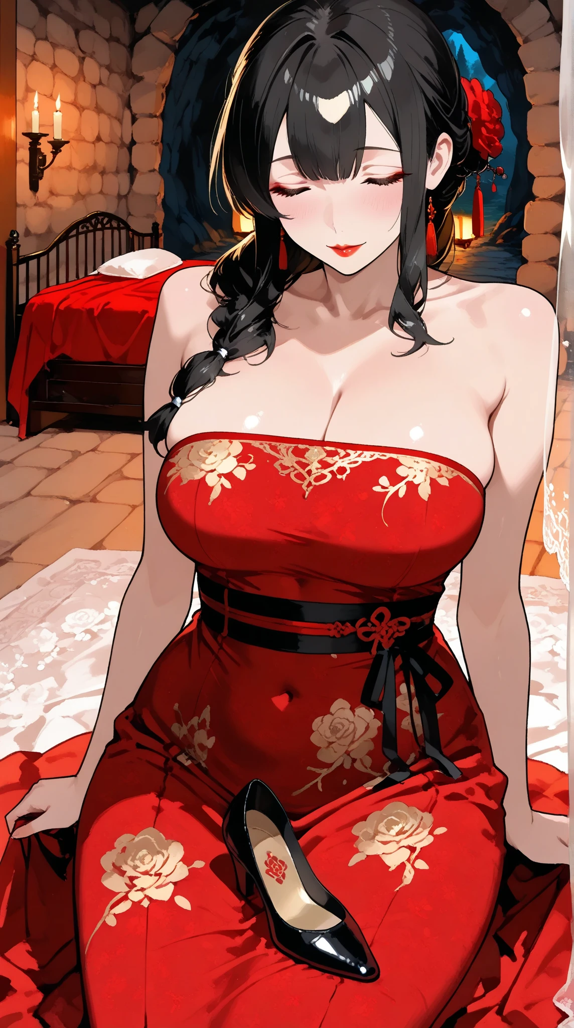 ((Masterpiece, Highest quality)), perfectly proportions，CharacterDesignSheet，full bodyesbian, Full of details, White background，Dark style，Beautiful women，Gradient hair color，Vampires，Detailed eyes, ssee-through，Red wedding dress，rose background，lacepantyhose，Rose decoration，High Balance, Overhead halo，Natural light,big breasts, long earrings 