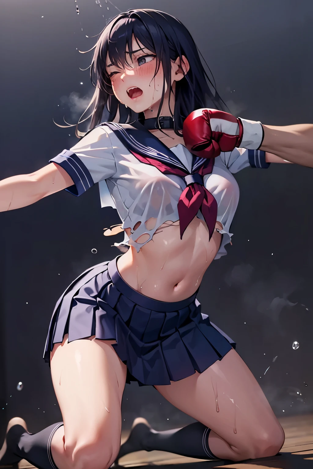 ((BDSM)), (((masterpiece))), (3DCG), score_9, score_8_up, score_7_up, asou yuuko, school sailor, highest quality, high resolution, 8K, ultra-realism, super detailed and realistic skin texture, ultra-detailed, perfect anatomy, perfect lightning, realistic shadows, beautiful illustrations, Realistic skin, from below, (((cowboyshot))),
BRAKE ((fighting girl)), boxing, (((face panch))), (((getting punched in the face))), (((Girl gets punched in the face))), Martial Artist、 street fight、Being hit unilaterally by many men、Clothes full of wounds 、injury、Big Breasts、From below,((torn clothes:1.5)),a male opponent out of frame is punching the girl, (( someone else's fist is touching the girl's face )), ((( punching ))) (((Face punch ))),one eye closed,
BREAK 1 girl, 18 yo, ((asou yuuko)), Asian , Sailor uniform cosplay, Beauty, Height:158cm, body weight:42㎏, breasts:82cm, waist:58cm, hip:78cm, Elegant mature woman, (flat chest), (((Thin thighs))), narrow waist, (((perky breasts))), Long legs, ((small head)), Fine skin, real looking skin, Ultra-fine facial texture, Realistic beautiful face, realistic beautiful eyes, very detailed eyes, beautiful fingers, Beautiful detailed eyes,
BREAK Sailor uniform, High school girl, Uniform, sailor, (sailor suit, dark blue collar:1.4), (red ribbon), white shirts, short, sleeve, dark blue skirt, ((knee length skirt)), ((pleated skirt)), (high socks:1.4),
BREAK ((beautiful dark blue hair)), (((Long hair))), ((straight hair)), (silky hair), ((asymmetrical bangs)), ((hair between eyes)), ((46 points oblique bangs)), ((beautiful dark navy eyes)), natural makeup, BREAK wet skirt, see-through, wet, wet hair, (black bra visible through wet clothes), (((bouncing breasts))),
BREAK all fours, ((arched back)), squirming body, ((turning face away)), BREAK ((blush)), open mouth, ((narrow eyes)), ((sweating face, skin)), ((steam)), (breath), (glossy skin), ((wet skin)), ((droplets of sweat)),