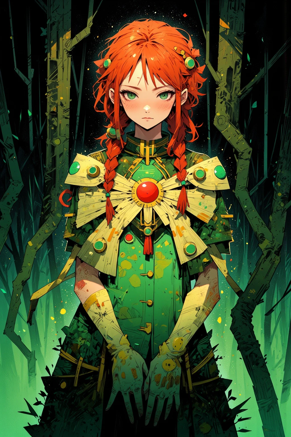 鮮やかなgreenい瞳の女性が描かれた精緻なイラスト,Her hair is bright orange-red,has multiple braids、Each one is yellow、green、green、and red threads are intertwined,The braids come together and are connected to a red sun-like decoration in the center, her expression is gentle ,Her lips are slightly open and make you feel curious and thoughtful,彼女はタコの触手を思わせる華やかな渦巻き模Mr.の太い輪郭と円形のアクセントで装飾された奇妙なドレスを着ています,The background creates a fantastic and dreamy atmosphere in a deep forest,Mr.々な種類のgreenの森,emerald jewels shine on both her hands,with careful attention to detail,fantasy and elegance are mixed,暖色系と暗い森林のgreenきらめく背景が美しく対比, anime moe art style, Cute Core, cute art style,  cute anime , Official Artwork, evokes a sense of magic and wonder,Dreamy psychedelic anime, Anime Art Nouveau, space display , animated film, Mysterious still images