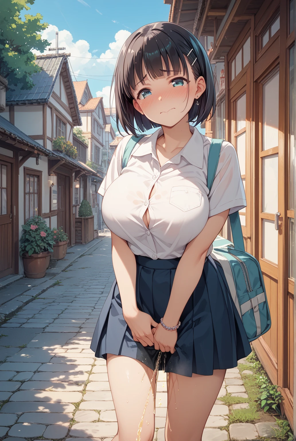 (((pussy juice:1.5,blush))),Are standing, Navy pleated skirt, On the way to school, Crying face, blush