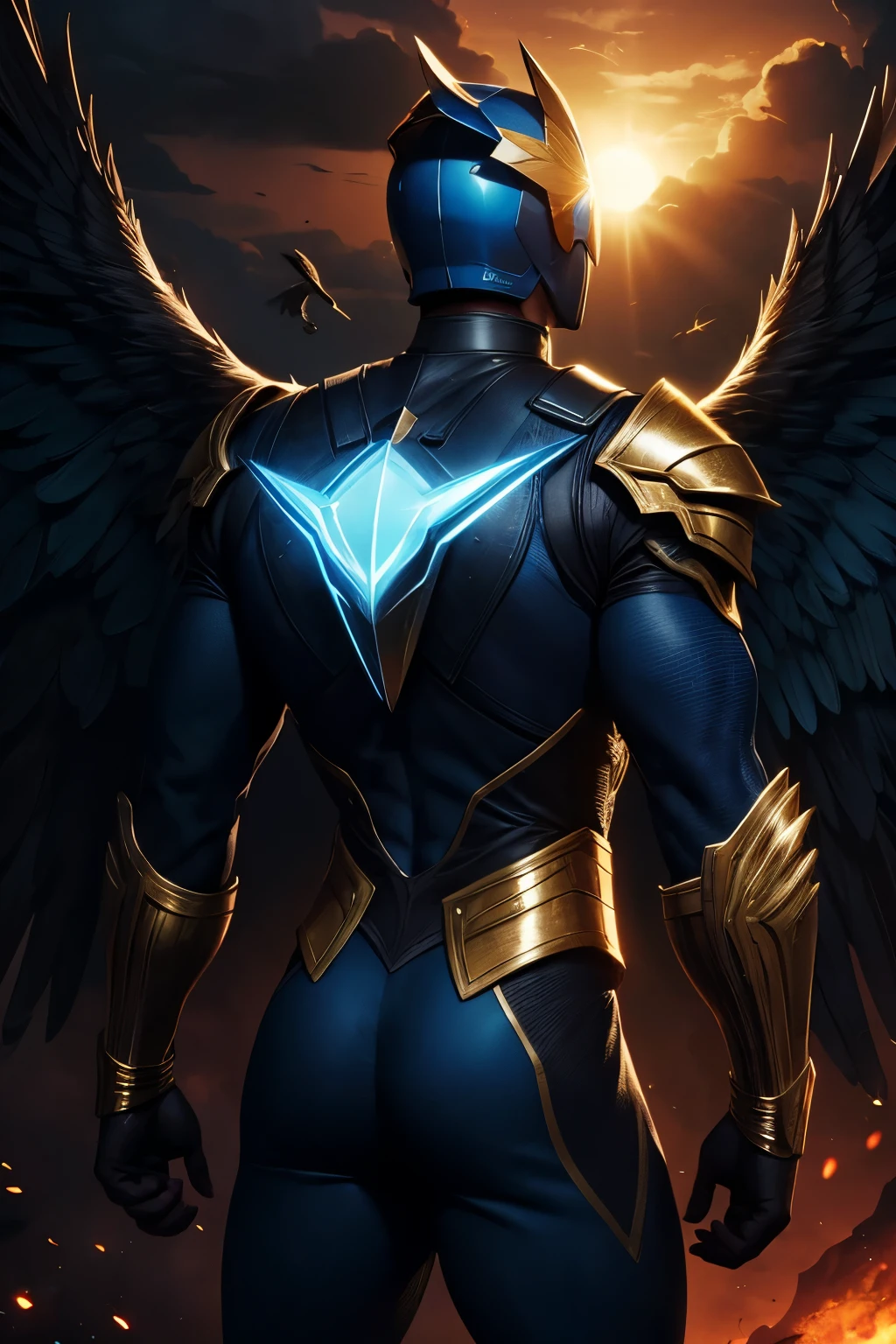 A male superhero stands in a powerful stance against a dramatic sky backdrop filled with glowing clouds and radiating sun rays. The figure wears a golden body suit with red accents, black briefs, and a sculpted muscular physique, complemented by large light-blue angelic wings extending from his back. A black and gold hawk-shaped helmet covers his eyes and nose. A large blue hawk with a golden collar and piercing eyes perches on the superhero's armored arm. The scene captures the heroic pose with highly detailed feather textures visible on both the wings and the hawk. High-resolution digital photography with cinematic lighting and dramatic atmospheric effects.