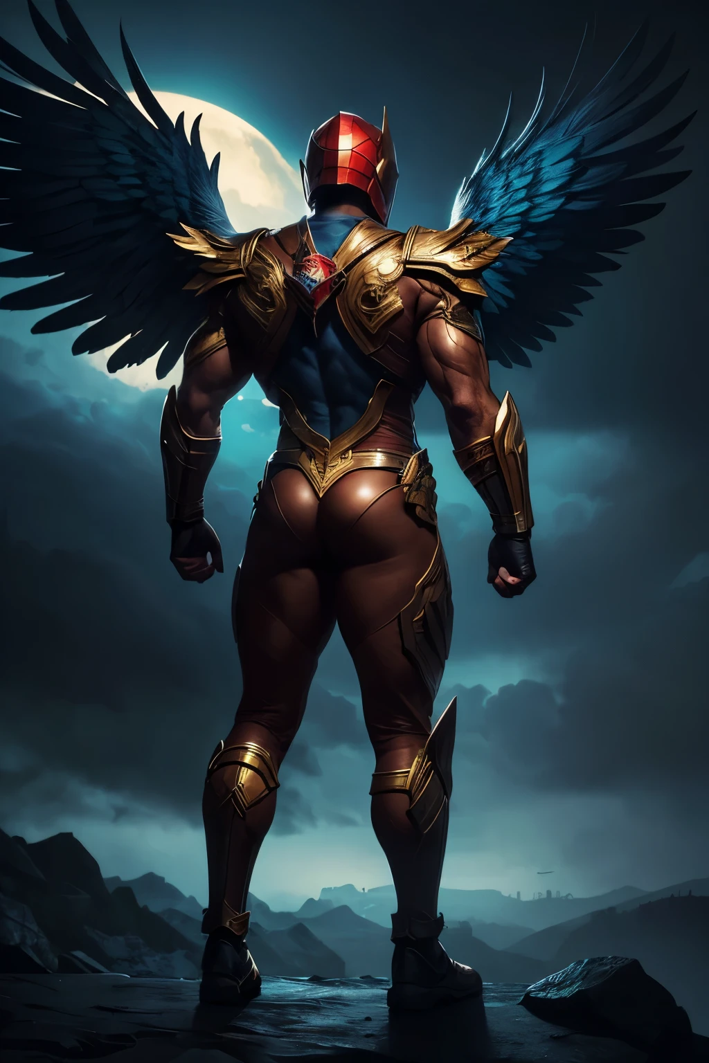 A male superhero stands in a powerful stance against a dramatic sky backdrop filled with glowing clouds and radiating sun rays. The figure wears a golden body suit with red accents, black briefs, and a sculpted muscular physique, complemented by large light-blue angelic wings extending from his back. A black and gold hawk-shaped helmet covers his eyes and nose. A large blue hawk with a golden collar and piercing eyes perches on the superhero's armored arm. The scene captures the heroic pose with highly detailed feather textures visible on both the wings and the hawk. High-resolution digital photography with cinematic lighting and dramatic atmospheric effects.