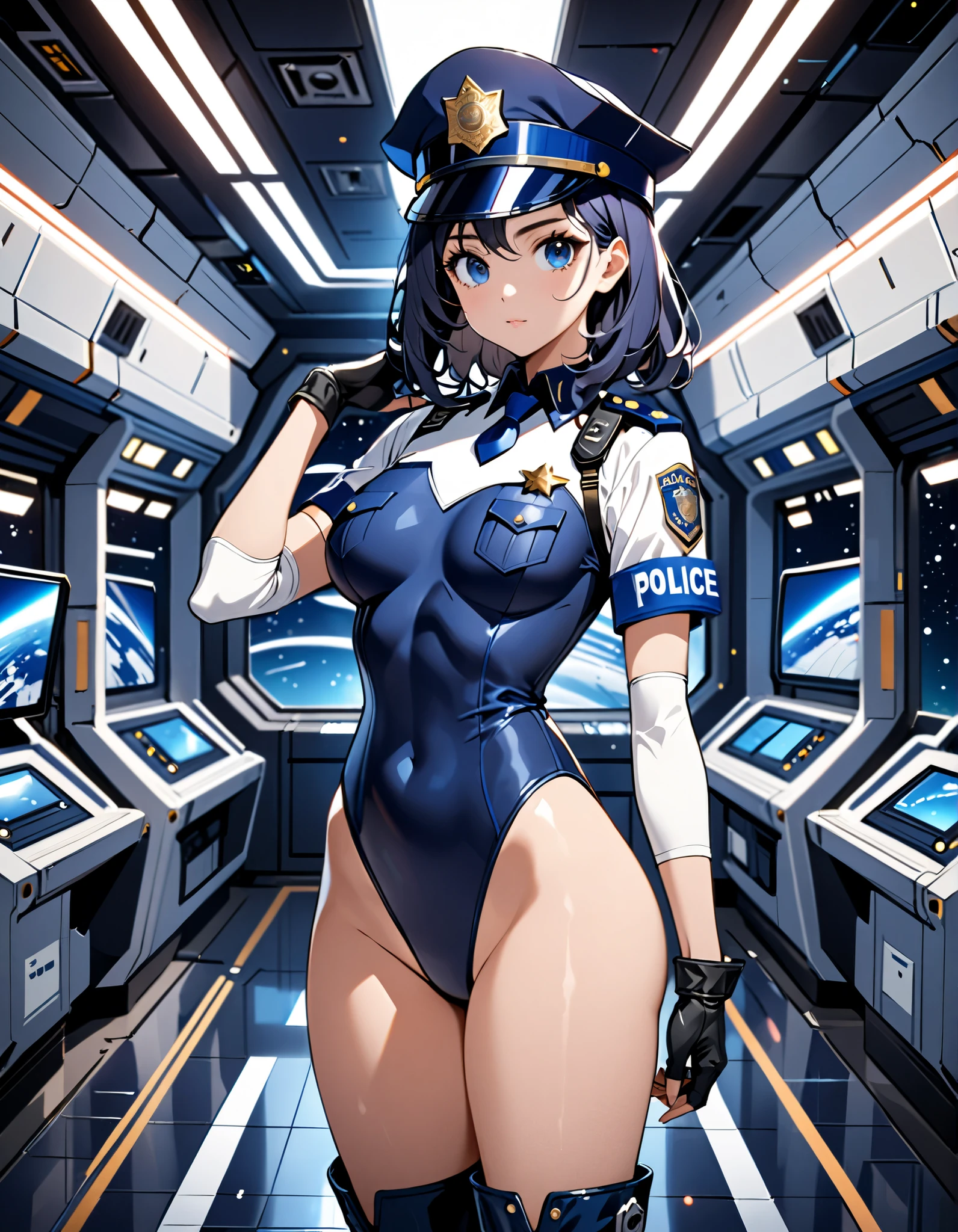 masterpiece, best quality, 1girl, tall body, beautiful detailed eyes, beautiful detailed face, cute face, perfect hands, complete fingers, perfect anatomy, perfect proportions, ((hat, dark blue police hat)), ((leotard, matching leotard, bare legs)), ((boots, matching boots)), breasts, medium breasts, covered navel, fingerless gloves, (full body portrait), looking at viewer, solo, solo focus, standing, ValkyriePoliceStudent, cowboy shot, space station backdrop, indoors, (tight belt), (armbands, white sleeves), full body costume design