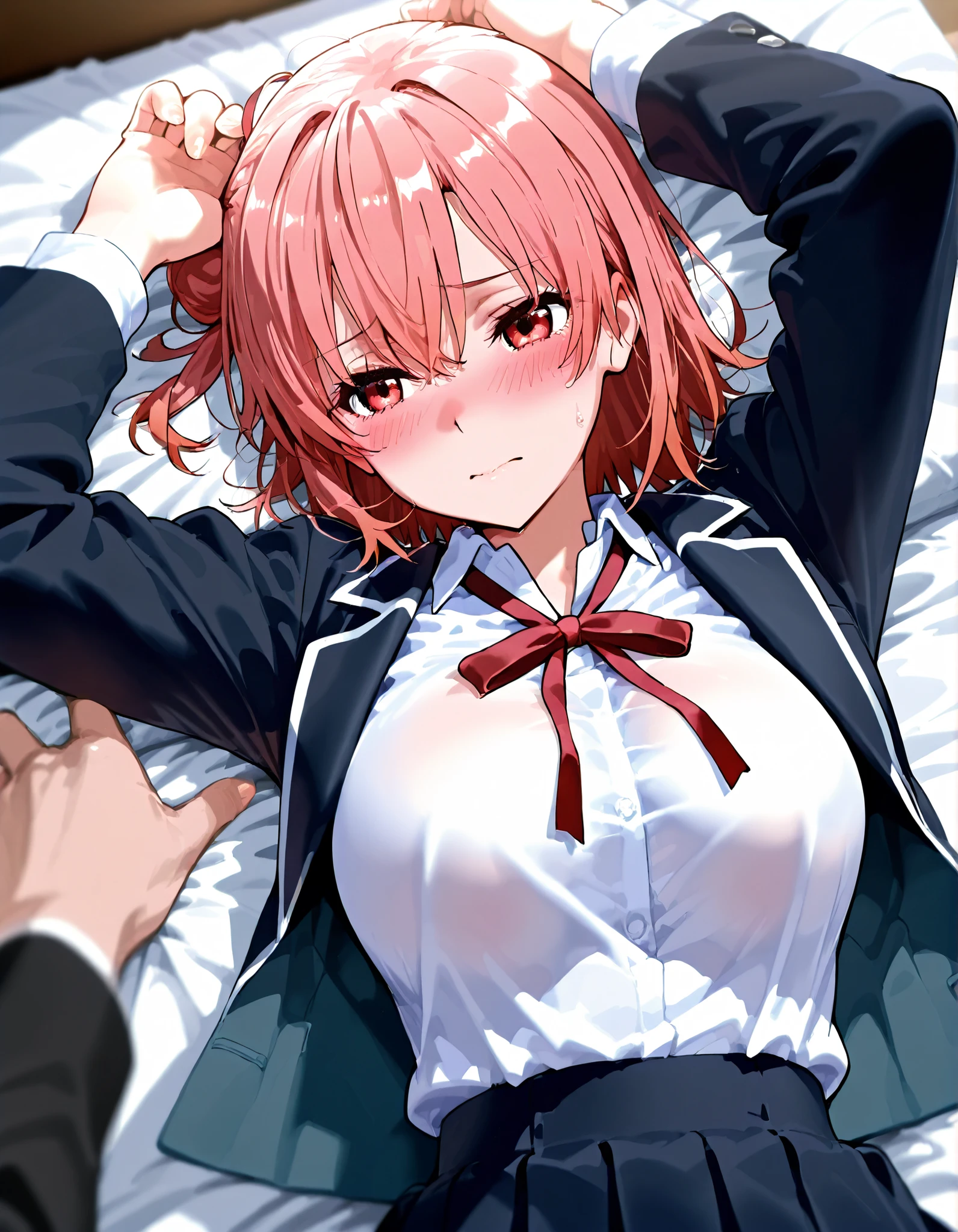 ( on the bed 、 before blunt、 lying:1.1)、 white bed sheets、
one girl , Anime Art Wallpaper 8K , withstands depth of field ,
Yuigahama Yui , short hair, red eyes、
shirt, ribbon, school uniform, jacket, black jacket, open jacket、
(blush、embarrassing:1.2)、from above、
arms up、focus on 、look away、