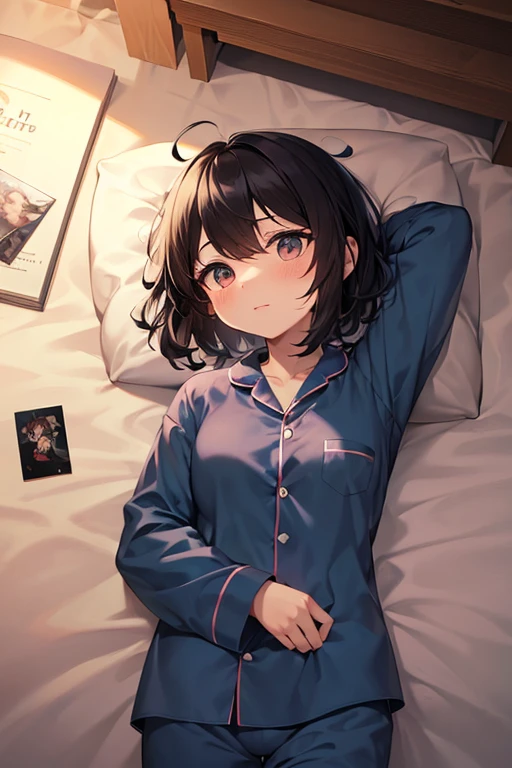 sleeping face up in bed,Girl 1,boyish,Very short hair,Black Hair,Light blue pajamas,Looks sleepy,Large Breasts,