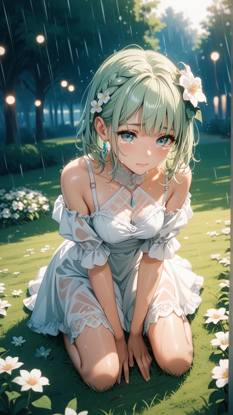 (Best quality, 8k, 32k, Masterpiece, UHD,:1.2),RAW, 1girl,ultra cute , natural lighting,transparent shining eyes, 20yo,medium breast ,fair complexion ,flushed face, dynamic angle, deep in the night, sexy pose, White-silver hair, , Green ash eye, (Green ash maid clothes:1.5), Happily atmosphere, surrounded by flowers