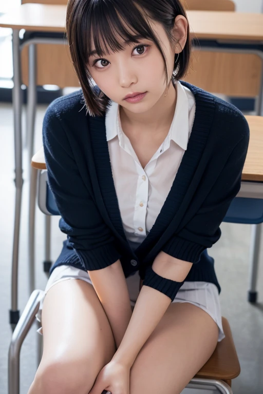 (((Spread your legs wide:1.35)))、(((Sexy panties:1.05)))、(Flat Chest:1.3), Straight hair, 1 Girl, beautiful, cute, Professional Lighting, Highest quality, Well-groomed face,beautiful woman, (school uniform:1.5), beautiful, (short hair:1.3)