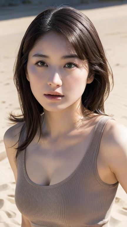 8k, highest quality, masterpiece, super high resolution, (realistic:1.4), RAW Photos, (Film Grain:1.3), One Girl, portrait of a skinny Japanese woman, 30 years old, standing on the beach, a cute face, detailed face, detailed eyes, {short|long} hair, correct body anatomy, photogravure
