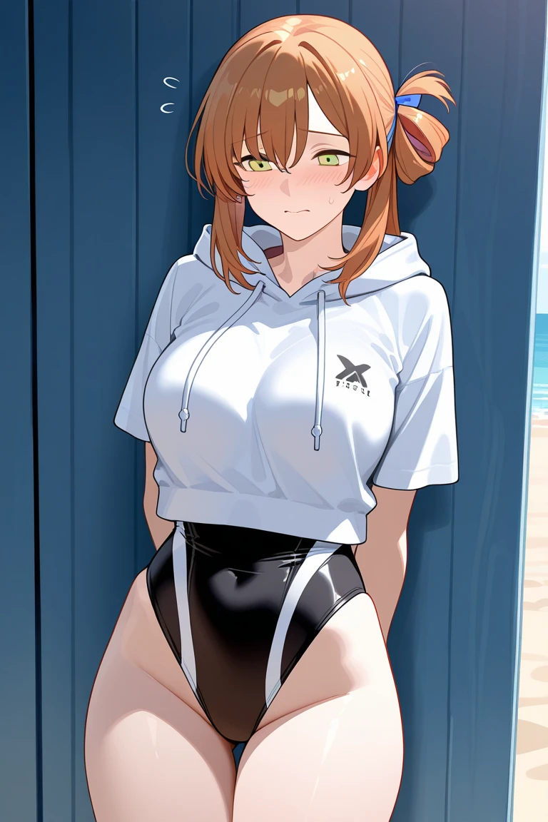 masterpiece, best quality, highres, nm1, headphones around neck, swim wears、Black swimsuit、 cowboy shot, standing,