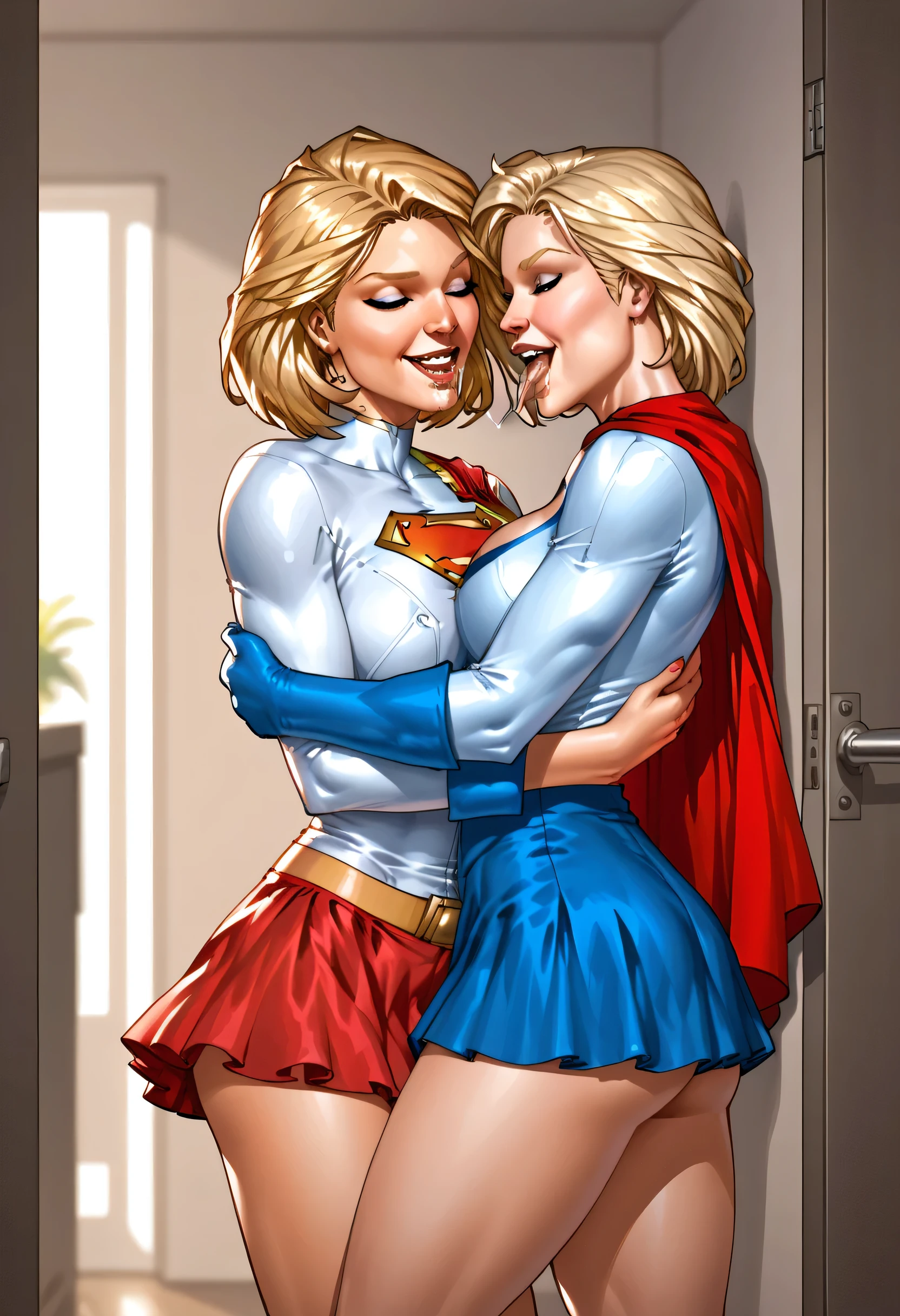obra-prima, best quality, 2 s, Two plus-size women in Supergirl and Powergirl uniforms found locked in the closet. beijo, hug, (On the wall ), (suor:1.2), par, (corar), (trace of saliva), big ass, De lado, unbuttoned blouse, skirt raised, meias altas, ligas, Salto alto, prominent nipple.