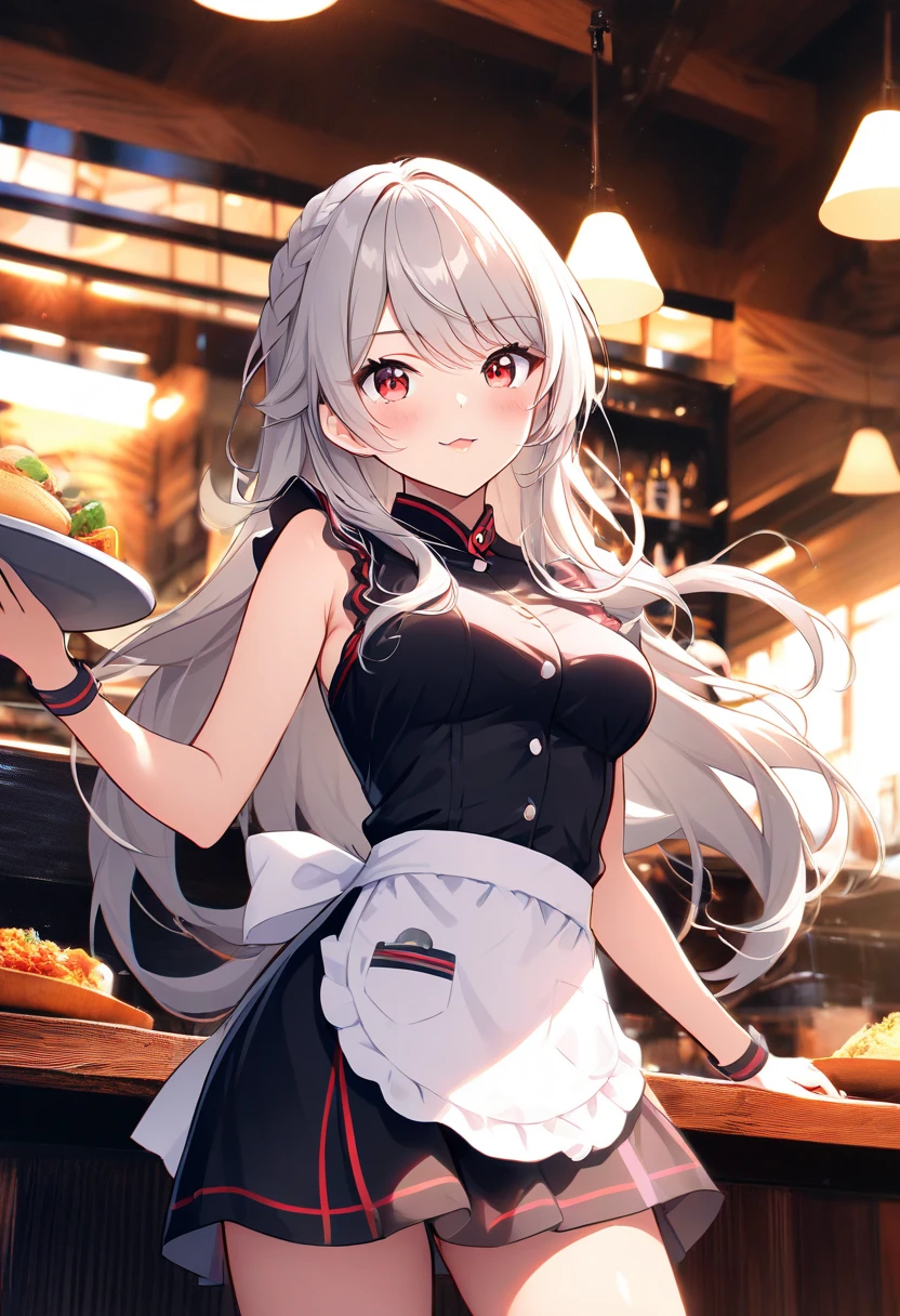 An elf woman, very dark tanned skin, beautiful silver hair, tied back, pointed ears, beautiful red eyes, pink lips, looking at the viewer, shy face, cheerful smile, masterpiece , short-sleeved sailor suit, knee-length skirt, cute pose,