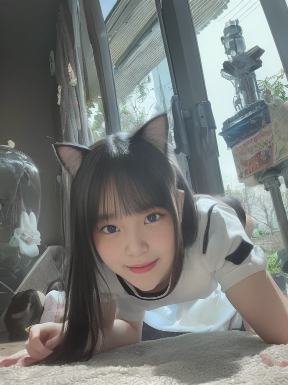 Move the center of gravity back、Put your hands forward from your feet、Put your feet in a ring of hands、pretty embarrassing、white  panties、Thin leg、tight skirts、90 degree knees、heels on the ground、hands in front of feet、Hugging legs、Knelt、walkway、RAW Photography、8K、top-quality、 超A high resolution、Beautiful face in every detail、Realistic human skin、Gentle expression、front-facing view、angle from bellow、length hair、realisitic、Photorealsitic、cute little、a short skirt、Squatting deep in the city、cute school girl、Japan schoolgirl wearing uniform、surreal high school girl、full bodyesbian、cat ear、cat ear、cat ear