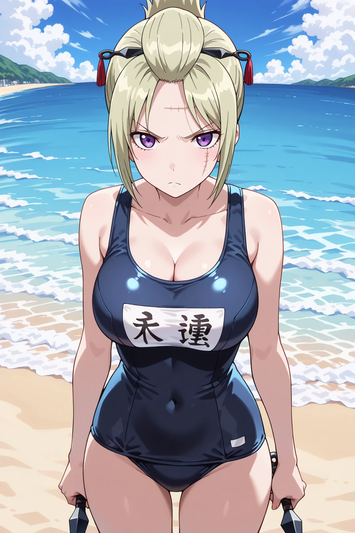 anime woman in a white piping and black swimsuit on the beach waving、Woman with short silver hair、gray eyed woman、is wearing a swimsuit、ワンピースswimsuit、clothing:ハイカットswimsuit、swimsuit、白いパイピングが施されたblackいタンクスーツを着た女性、ワンピースswimsuit着用、wet swimsuit、白いパイピングが施されたblackいハイレグレーシングスイムウェア、競泳swimsuit、白いパイピングが施されたblackいハイレグレーシングスイムスーツ、(anime woman)、on the beach、beautiful woman wearing tanksuit、水泳競技用swimsuit、beautiful anime woman、cool woman wearing competition swimsuit、 cool anime woman、black:8 white:2、big breasts、woman with very large breasts、Very tall woman、cool atmosphere、cleavage、adult sex appeal、in the sea、beautiful anime woman、anime moe art style、Smooth anime CG art、Also、anime best women、naughty anime style、a woman is standing、!!full body portrait!!、beautiful charming anime teen、
