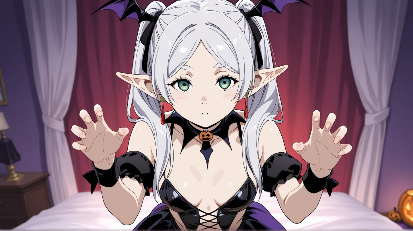 score_9, score_8_up, score_7_up, source_anime, 2d, Krebskulm, 1girl, silver hair, twintails, long hair, black-pink horns, elf ears, pink eyes, very small breasts, collar, black hat, black armsuit, white shirt, bare arms, black-pink skirt, anime coloring, anime screencap, detailed eyes, zPDXL, perfect faces, uncensored, rating_explicit , white background,