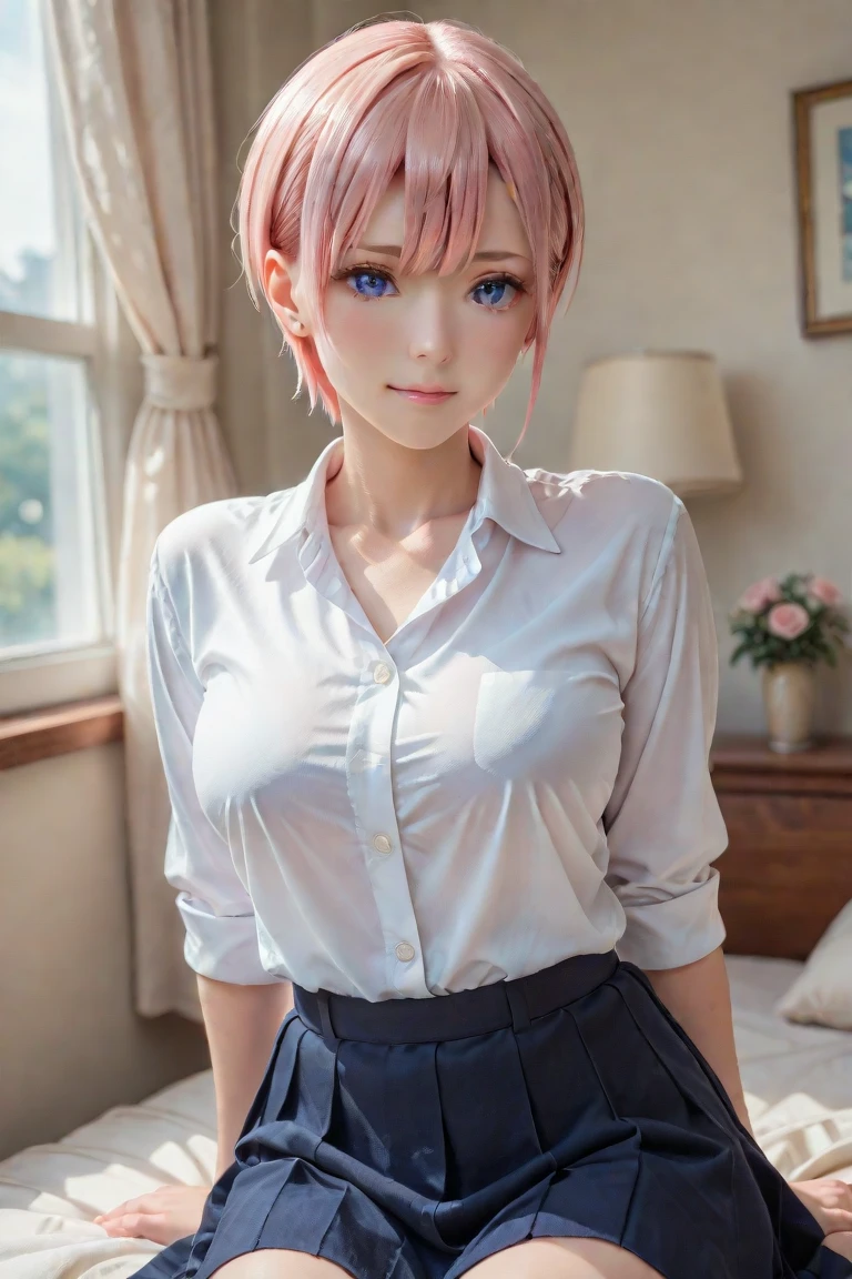 ((Sports magazine cover photo)), (masterpiece), (best quality), (ultra-detailed), (highest quality), (2.5D), (1 girl), very delicate facial expressions, erotic, only sexy woman, healthy figure, ((22-year-old woman)), 170cm tall, medium firm swaying breasts, (short hair), (pink hair:1.5), pink and salmon pink, ((streaked hair:1.9)), (highlights hair: 1.6), blunt bangs, red eyes, (thin thighs), (camel toe:0.7), (visible nipples:0.5), (Erect nipples:0.7), (white collared shirt), (bare shoulders), (yellow flare skirt), facing straight at viewer, ((dutch angle)), ((erotic pose)), sitting on the sofa in the living room in midsummer
