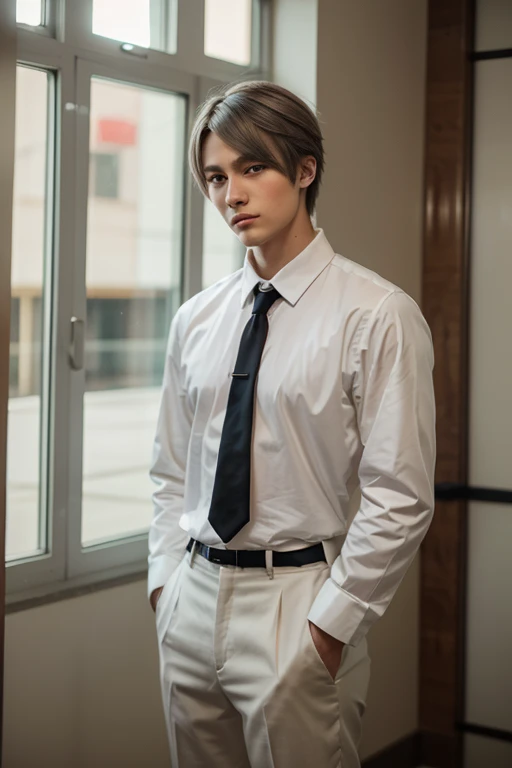 boy, 17 y.o, handsome, comma hair, long-sleeved shirt, tie, high school