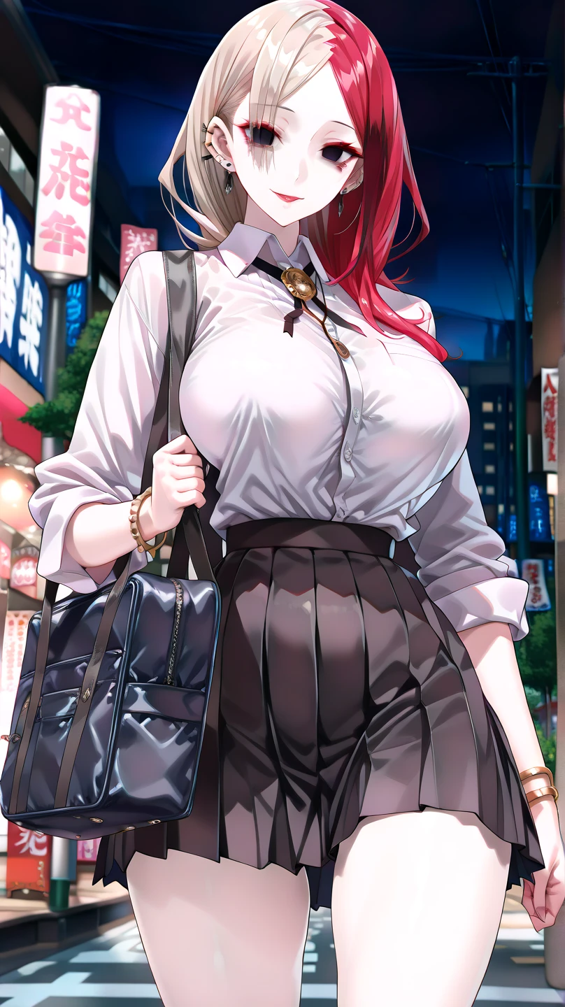 (best quality:1.5, highres, UHD, 4K, detailed lighting, shaders), (high quality eyes), ( perfect fingers), curly floral haired, gradient hair, large breasts, suit, gray shirt, social shirt, short skirt, mature woman , (pov), white background, colorful eyeshadow, dramatic lighting, sparkling eyes, sensual expression, golden earrings, delicate facial features, soft skin, high cheekbones, urban setting, white background, dont look for the camera, lean forward, behind the camera, full body