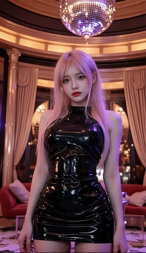  21yo girl,pink hair,long hair, wearing black t-shirt, green neon light,black background, natural big breast, show big thigh, plump body,single sidelock hairpin blush modern cinematic lighting,ray tracing,drop shadow wide shot UHD,textured skin,high details,best quality 4K