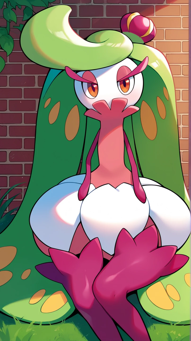Lurantis (pokemon), detailed, masterpiece of the best quality, beautiful art style park, public, smiling, pokemon, with buttocks, glutes separation, buttock focus, nsfw