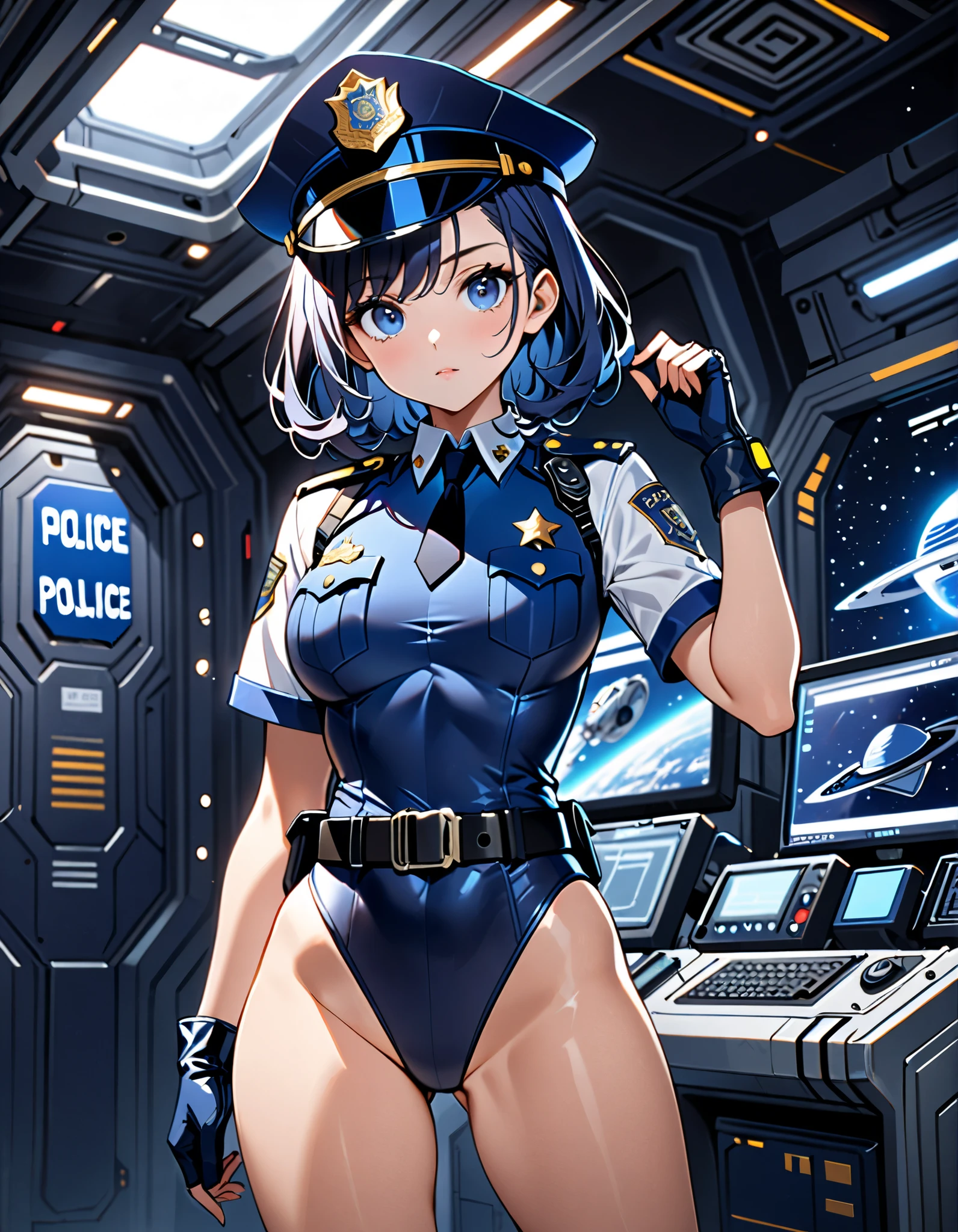 (masterpiece), (best quality), (high res),1girl, tall body, beautiful detailed eyes, beautiful detailed face, cute face, perfect hands, complete fingers, perfect anatomy, perfect proportions, ((hat, dark blue police hat)), ((leotard, matching leotard, bare legs)), ((boots, matching boots)), breasts, medium breasts, fingerless gloves, (full body portrait), ((rear view)), looking at viewer, solo, solo focus, standing, police uniform, cowboy shot, space station backdrop, indoors, (belt, tight belt), (armbands, white sleeves), full body costume design. 
