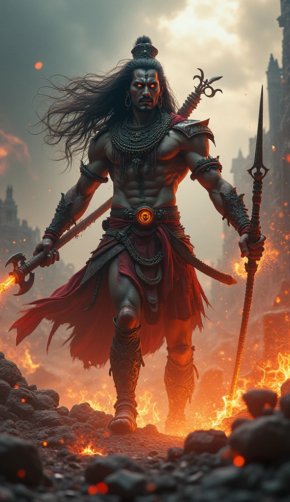 In a desolate battlefield setting, Kalki stands tall, his sword gleaming in the dim light. Before him are the rapists he has gathered, trembling in fear. With a swift and powerful motion, Kalki delivers divine justice, severing their heads and cutting off their instruments of violence. Blood flows like a river, staining the earth red as dark clouds gather overhead. Kalki’s expression is one of fierce resolve, embodying the wrath of divine justice. The sky above mirrors the scene’s intensity, with lightning flashing and thunder rumbling in the distance.
