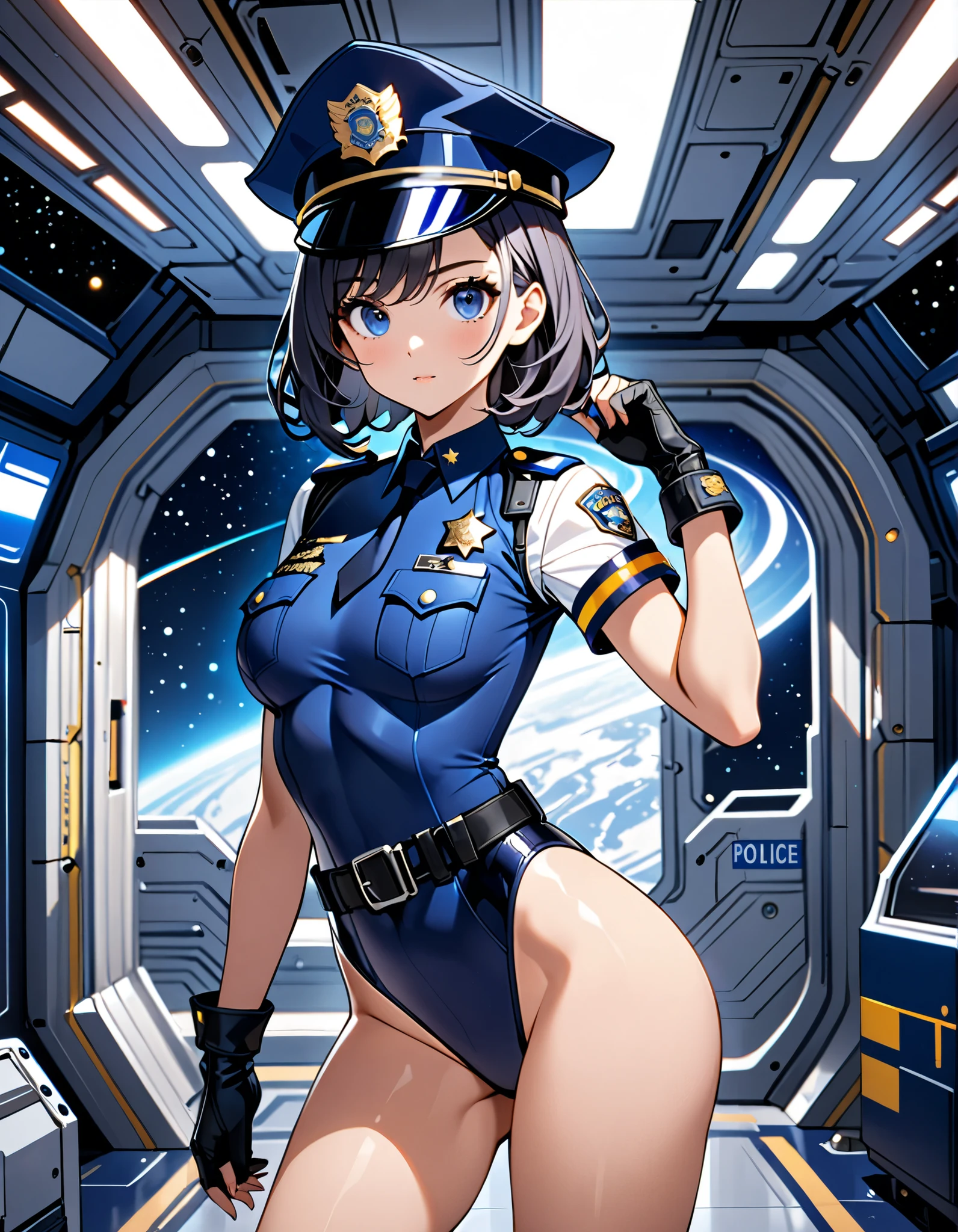 (masterpiece), (best quality), (high res),1girl, tall body, beautiful detailed eyes, beautiful detailed face, cute face, perfect hands, complete fingers, perfect anatomy, perfect proportions, ((hat, dark blue police hat)), ((leotard, matching leotard, bare legs)), ((boots, matching boots)), breasts, medium breasts, fingerless gloves, (full body portrait), ((back view)), looking at viewer, solo, solo focus, standing, police uniform, cowboy shot, space station backdrop, indoors, (belt, tight belt), (armbands, white sleeves), full body costume design.